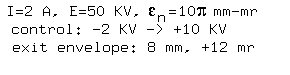 I=2A, E=50KV, eps_n=10pi mm-mr, cntrl:-2 to +10KV, exit:8mm,12mr